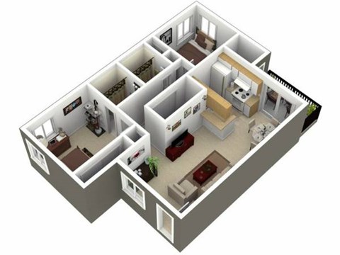 A 3D rendered image of a house layout.